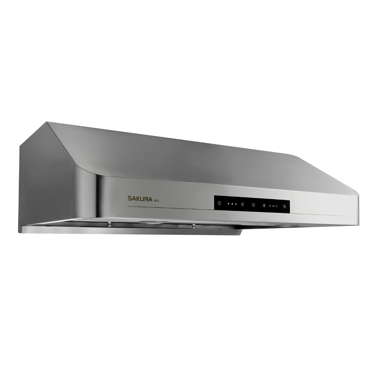Angled view of SAKURA B53+ 1200CFM range hood for heavy Asian cooking