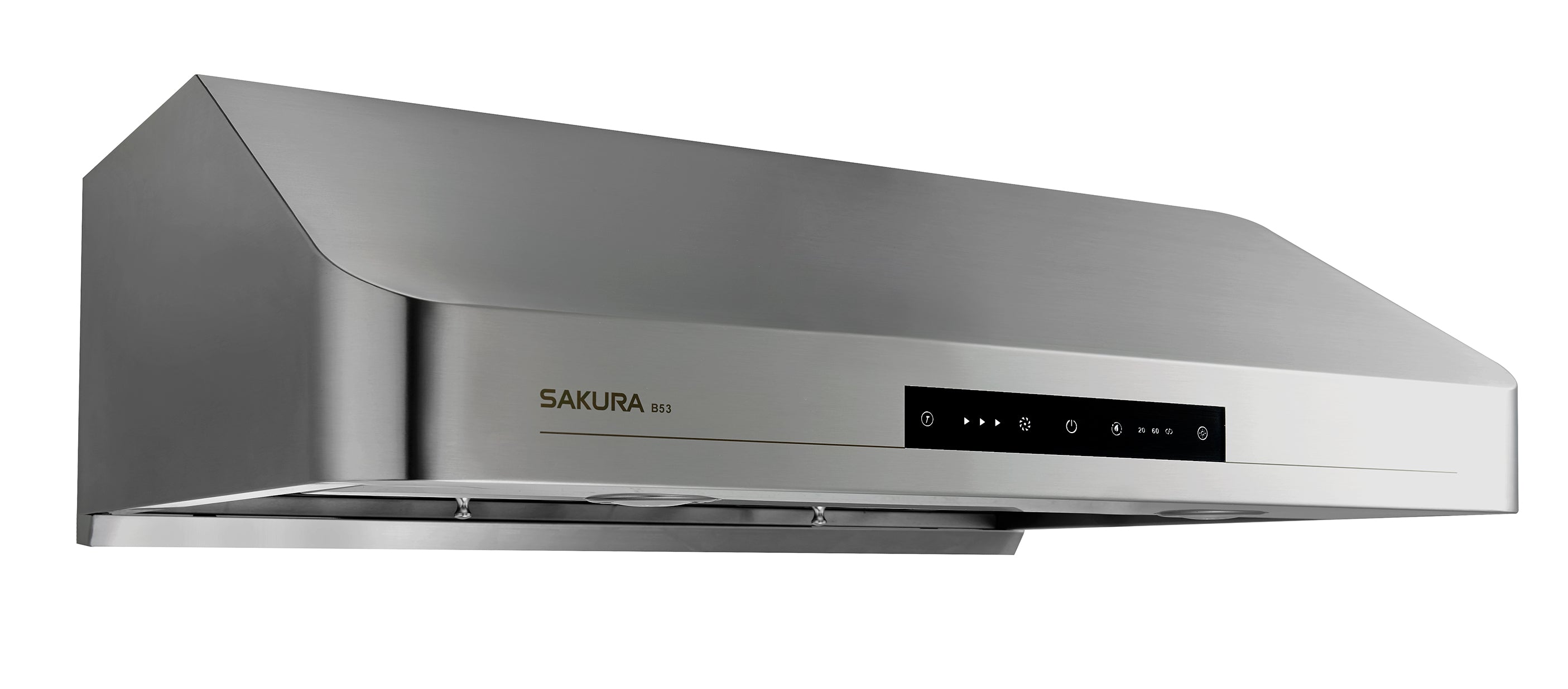 Angled view of SAKURA B53+ 1200CFM range hood for heavy Asian cooking