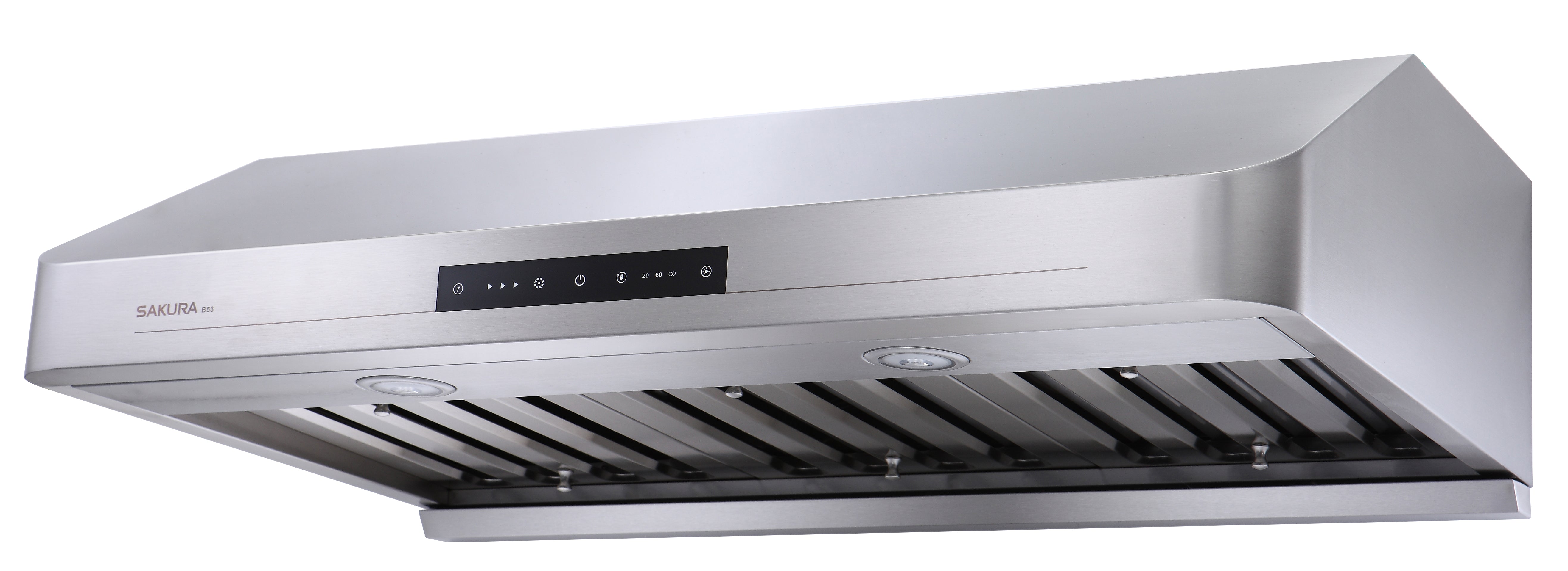 Angled view of SAKURA B53+ 1200CFM range hood for heavy Asian cooking