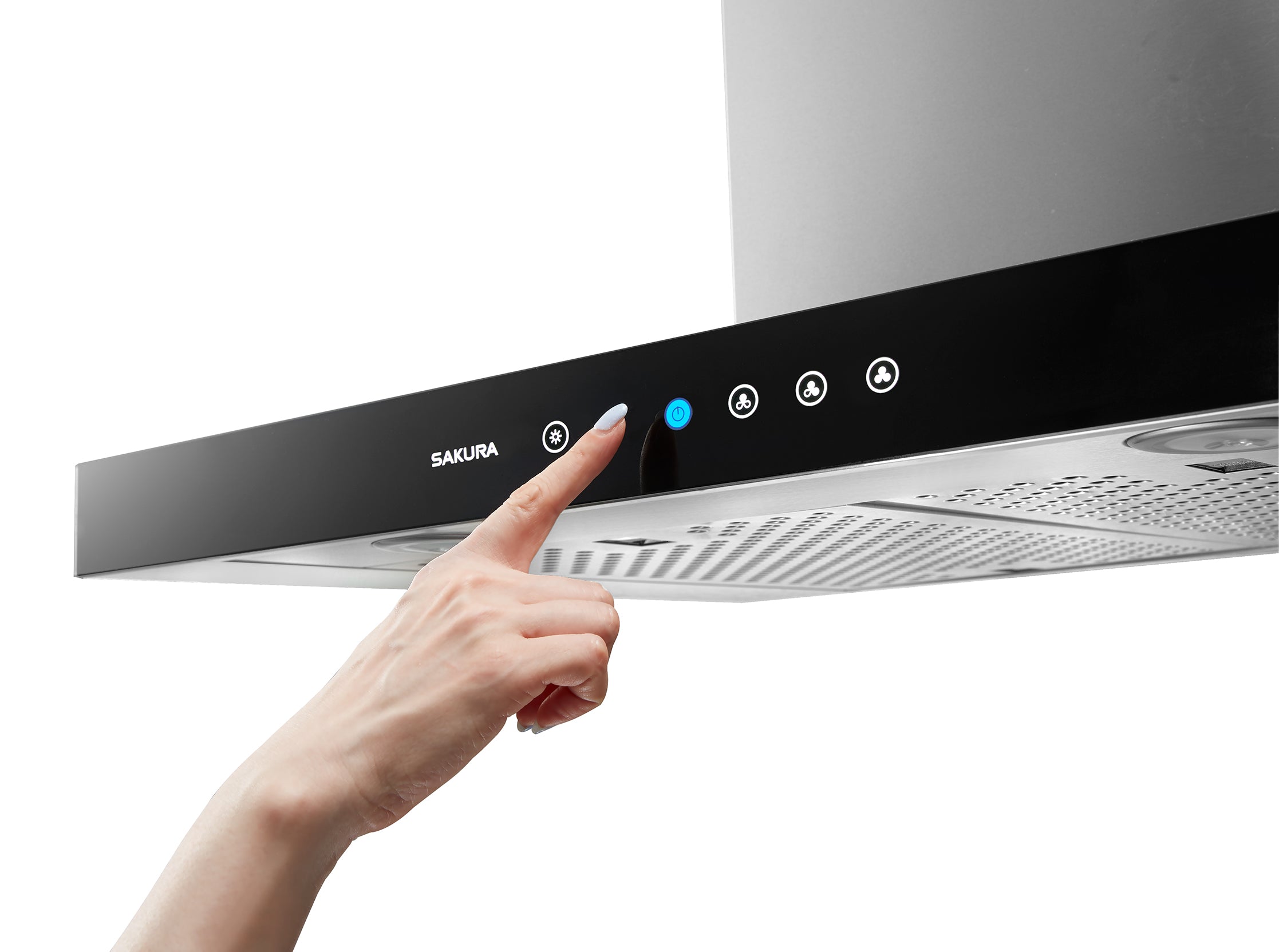remium glass panel on SAKURA M3000 range hood designed to effortlessly clear heavy cooking smoke