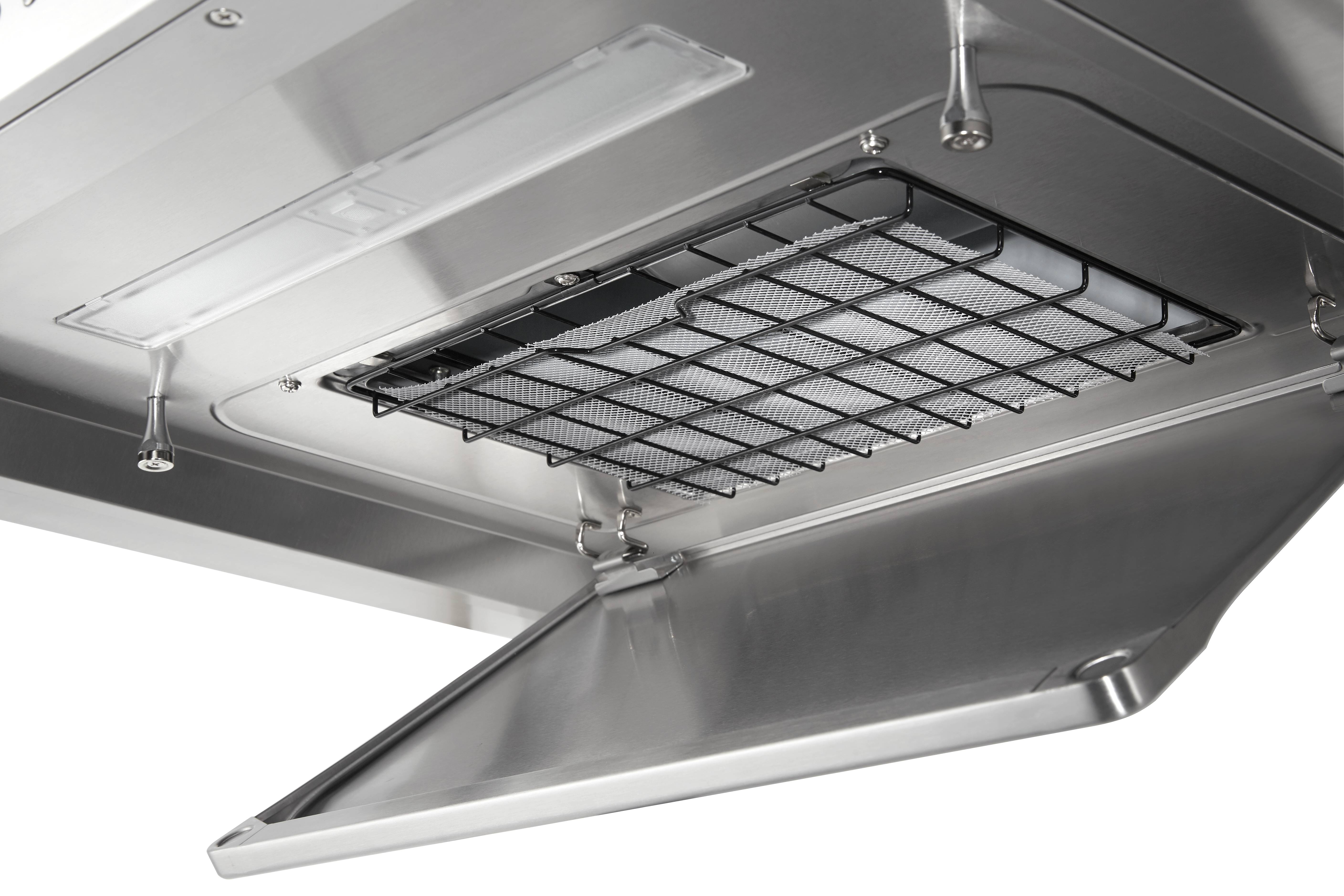 Internal view of SAKURA M6000 range hood dual filtration system designed to extend motor lifespan