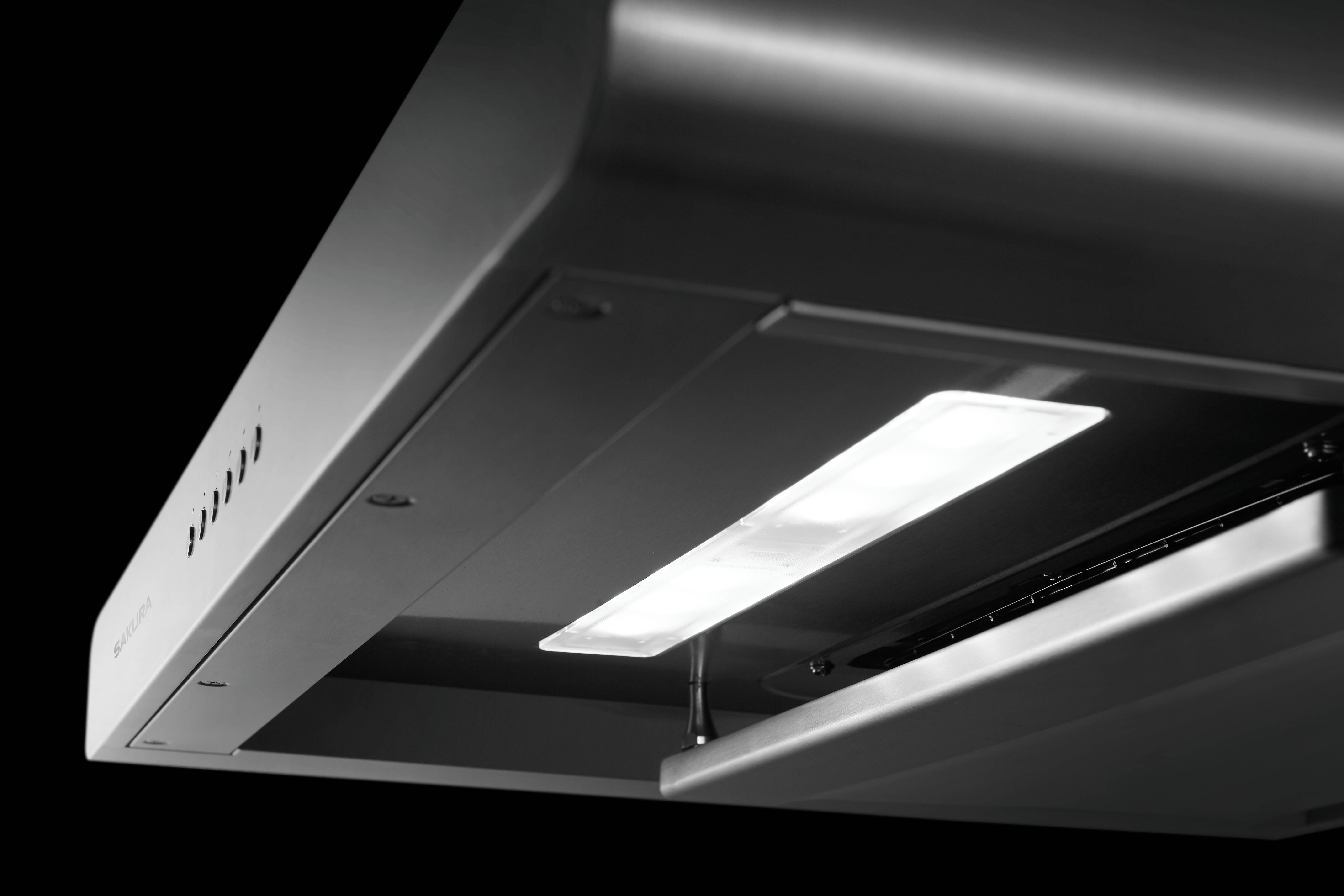 SAKURA M6000 range hood featuring bright LED lighting to save power and enhance the cooktop illumination