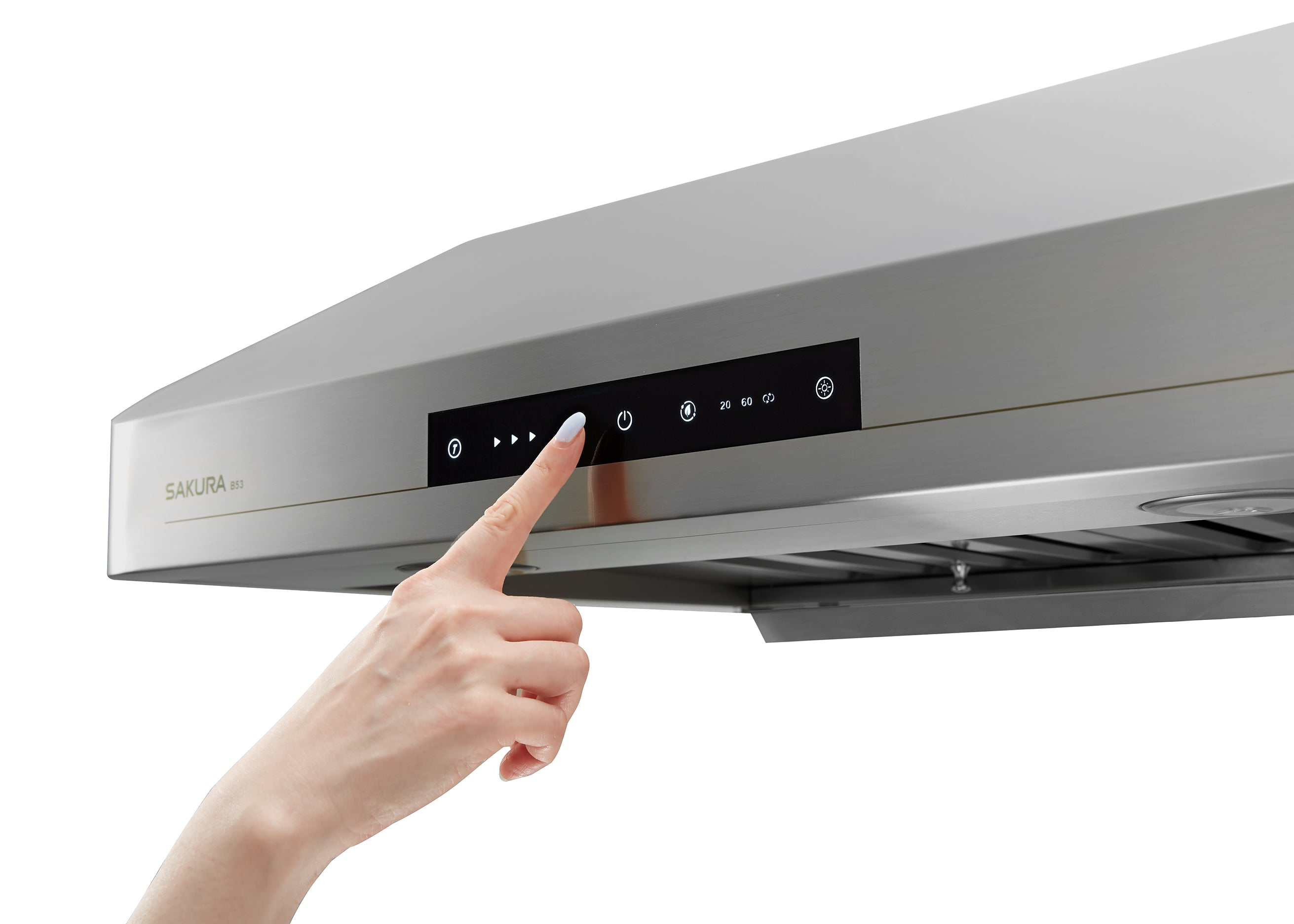 Easy to clean touch panel on the SAKURA B53+ high CFM range hood in a modern kitchen
