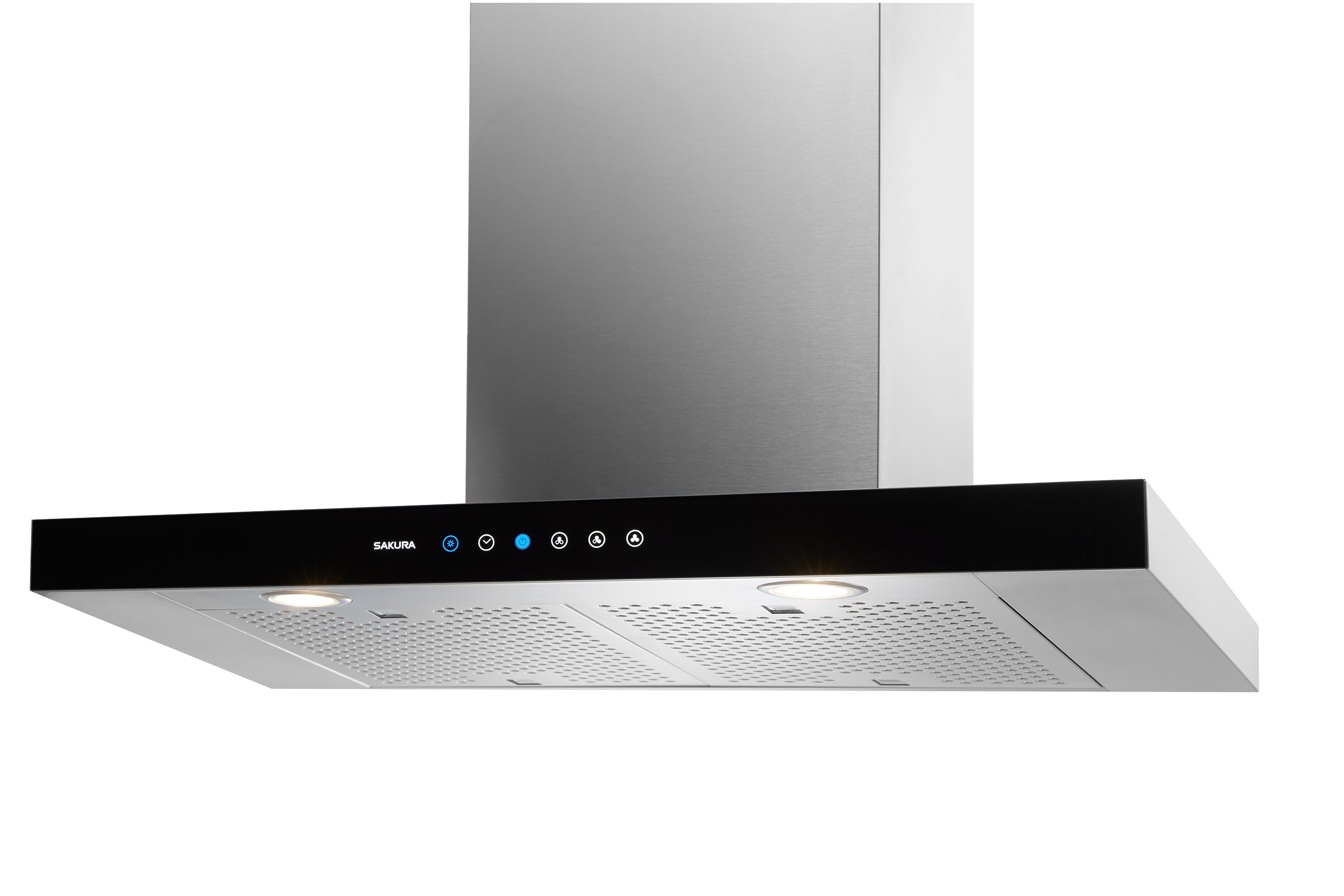 Angle view of stylish SAKURA M3000 wall mount range hood featuring a powerful 1100 CFM motor