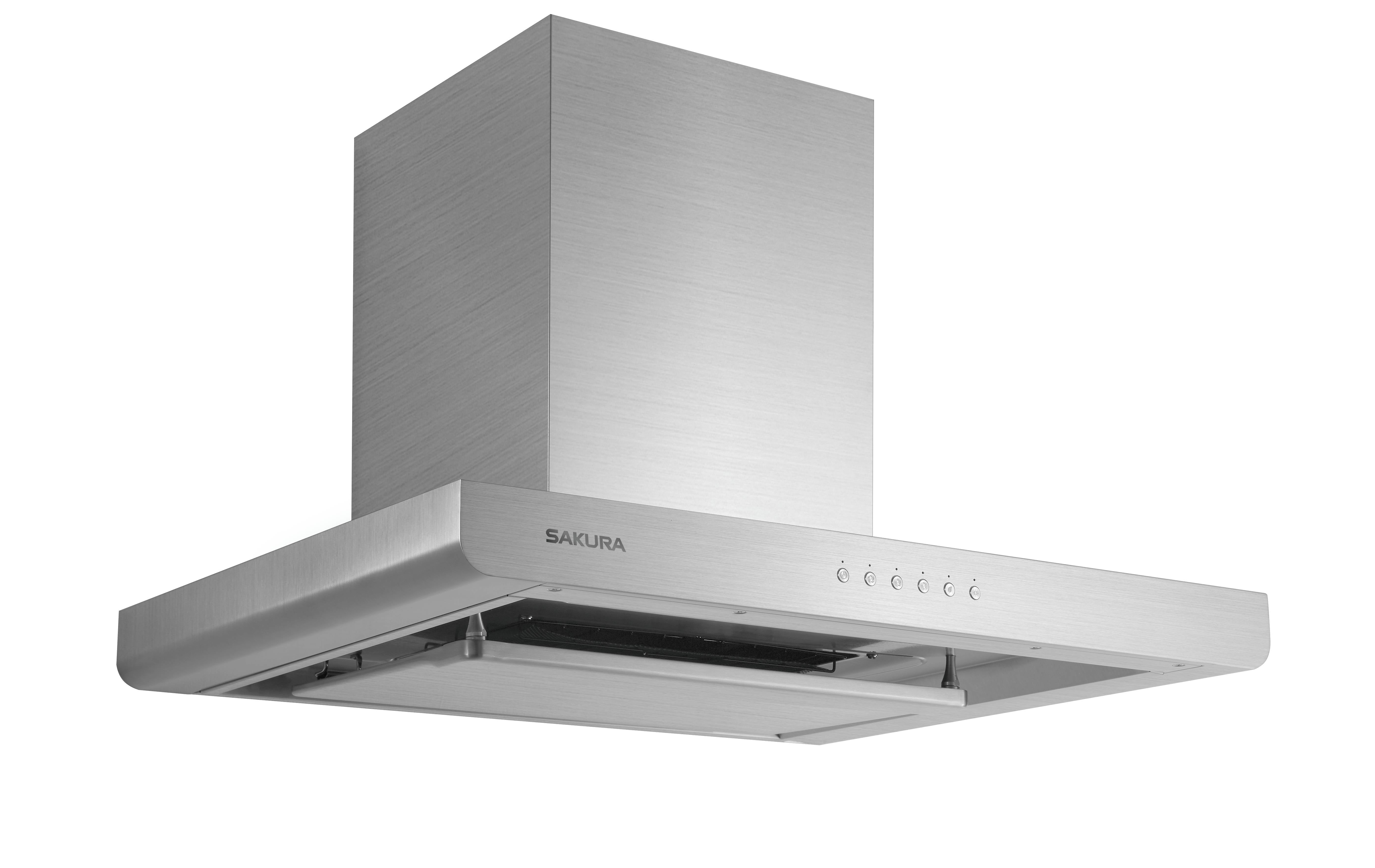 Angle view of remium SAKURA M6000 wall mount range hood featuring 1000CFM 360-degree surround suction 