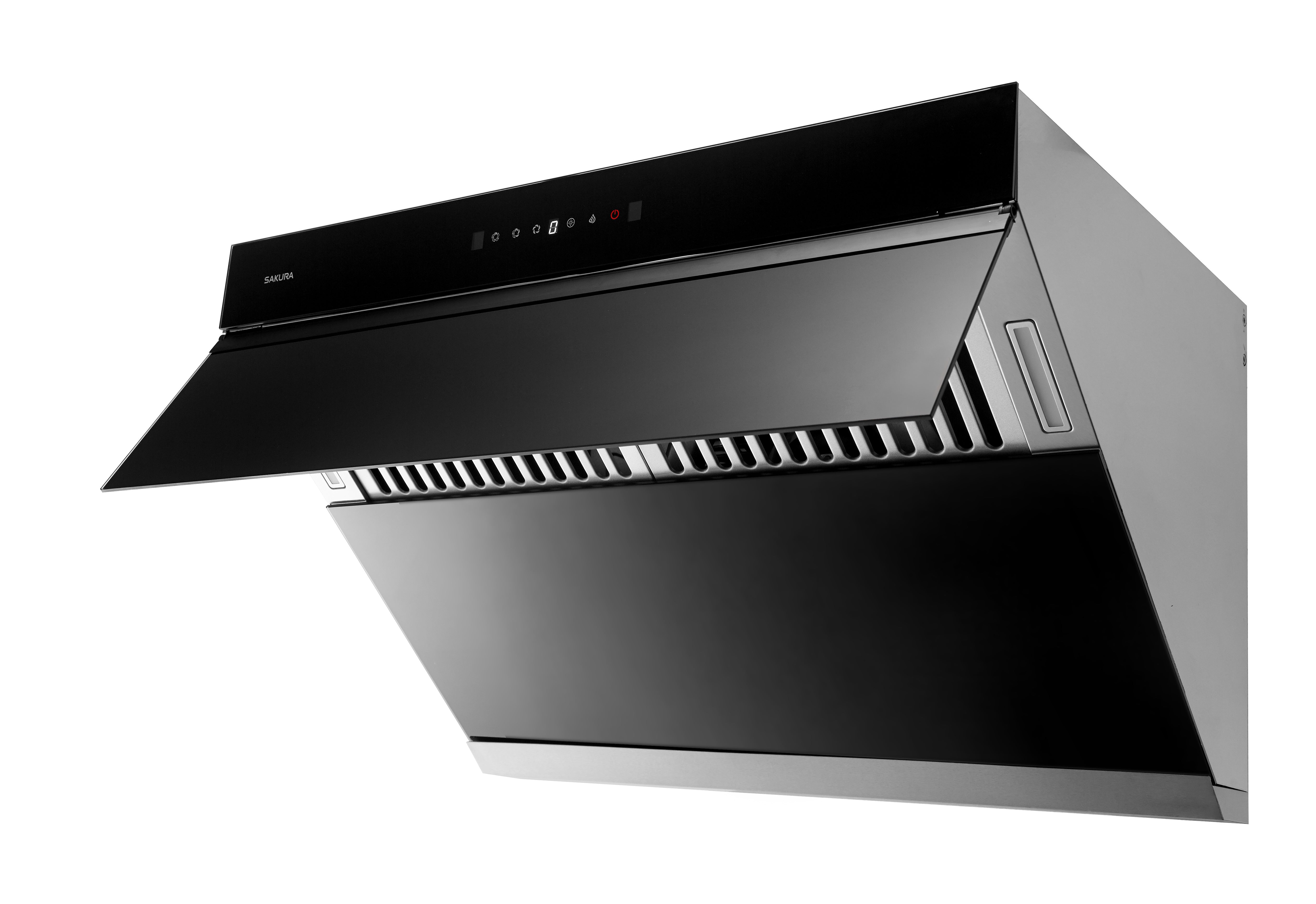 Side view of SAKURA R7261 range hood featuring a golden 90-degree capture angle to extract all cooking smoke