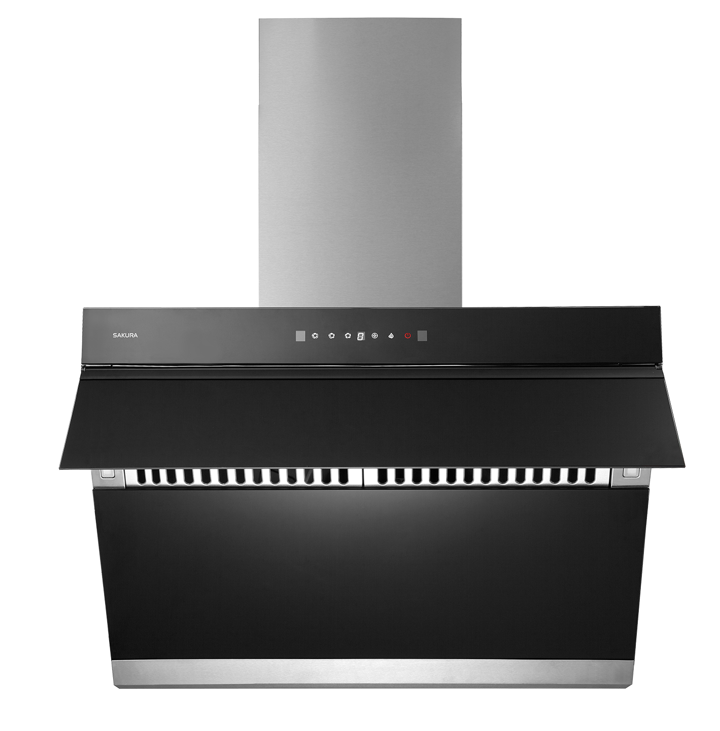 Close-up of SAKURA R7261 wall mount range hood featuring heat auto-cleaning and powerful CFM for effortless maintenance